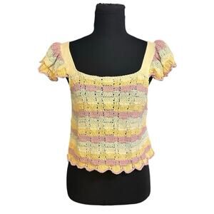 Mango MNG Crochet Scalloped Hem Square Neck Top Colorful Pastel Striped Size L